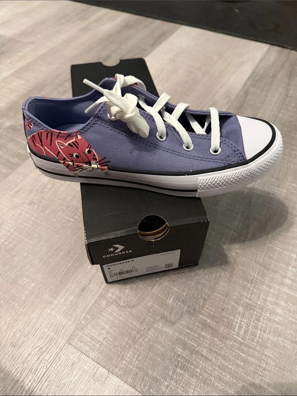 Converse Lavender Canvas Low-Top Sneakers with Pink Cat.